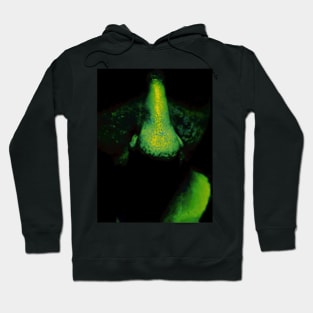 Portrait, digital collage and special processing. Close up to face, nose. Weird and dark. Green. Hoodie